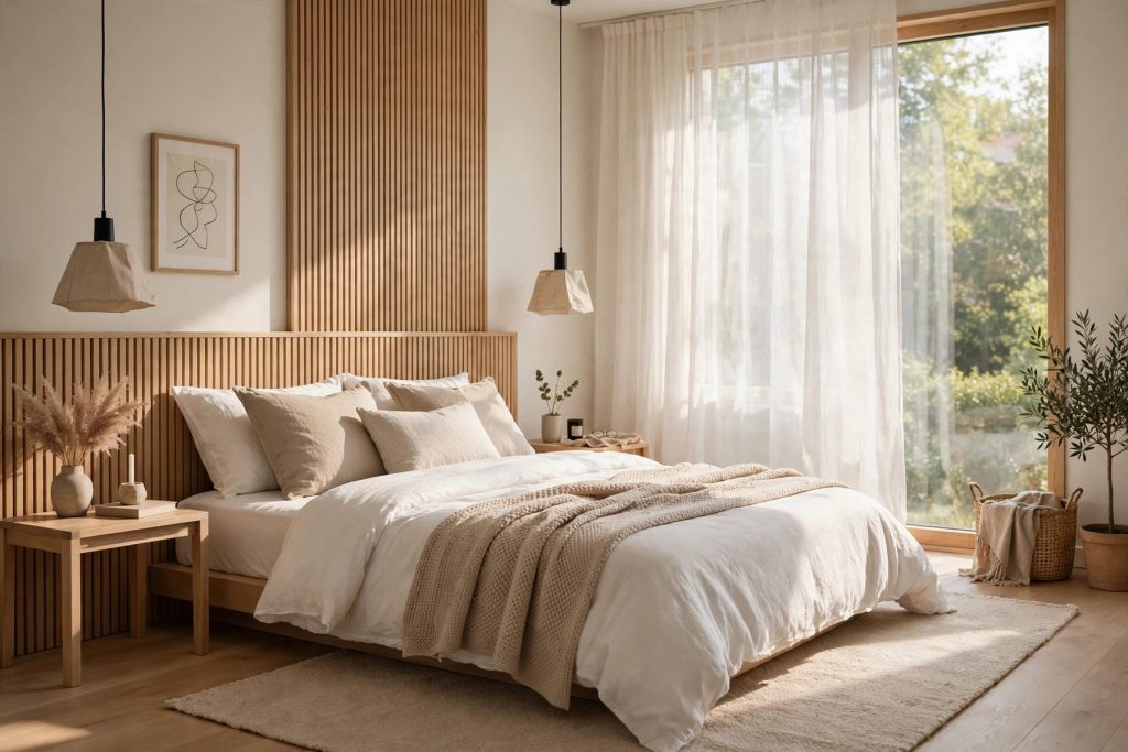 Chambre avec parquet clair et tête de lit en bois